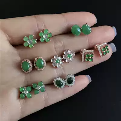 Silver-set emerald earrings inlaid with 18k gold ice natural Burmese jade earrings women's s925 sterling silver earrings pendant A goods