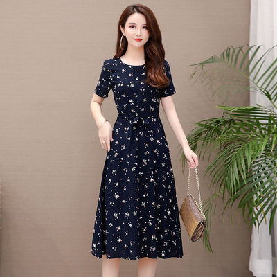 有口袋2021新款夏季棉绸连衣裙妈妈中长款短袖印花修身显瘦碎花裙