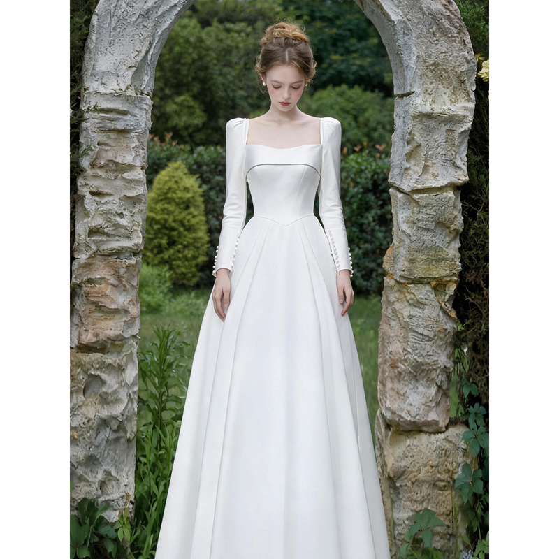 French Satin Light Wedding Dress with Long Sleeves, Simple and Unique, Suitable for Bridal Travel Photoshoots, Going Out, Main Wedding Dress, Engagement Dress, and Registration French Satin Light Wedding Dress with Long Sleeves, Simple and Unique, Suitable for Bridal Travel Photoshoots, Going Out, Main Wedding Dress, Engagement Dress, and Registration