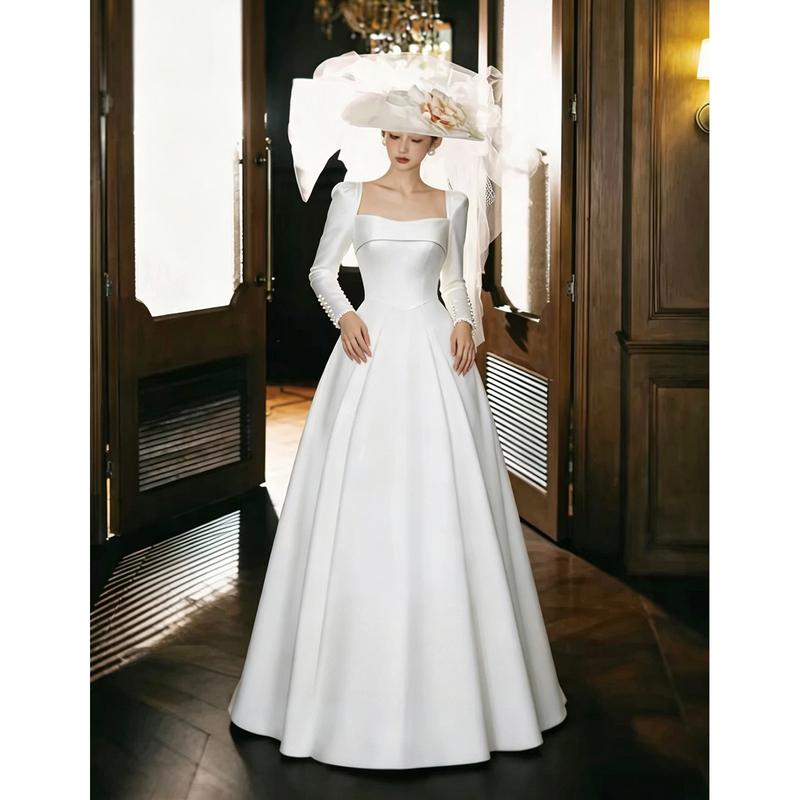 French Satin Light Wedding Dress with Long Sleeves, Simple and Unique, Suitable for Bridal Travel Photoshoots, Going Out, Main Wedding Dress, Engagement Dress, and Registration