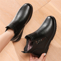 Mother cotton shoes leather soft bottom comfortable plus velvet warm middle-aged leather shoes middle-aged and elderly womens shoes flat short boots winter