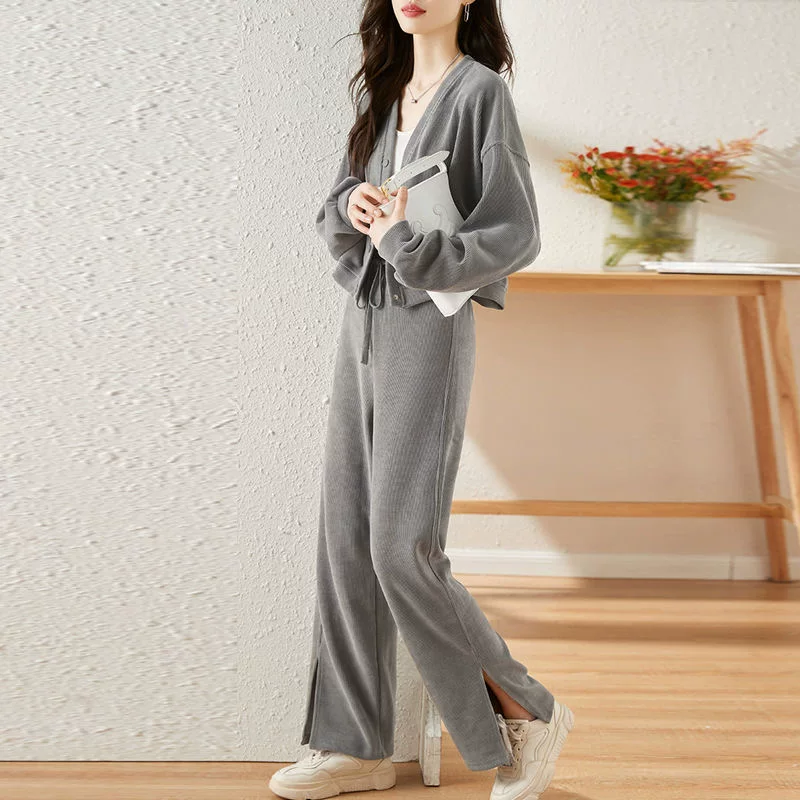 Осенний спортивный костюм, комплект, куртка, вельветовые брюки, oversize, V-образный вырез, свободный прямой крой