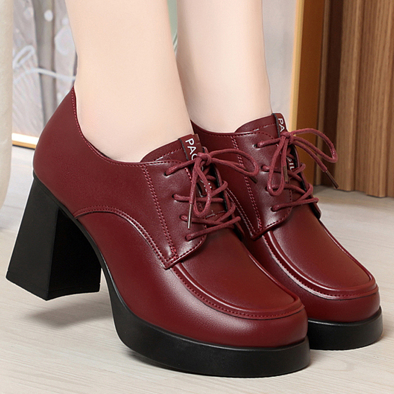 Thick-Soled High-Heeled Shoes for Women 2025 Spring and Autum New Style Waterproof Platform Round-Toe Soft Leather Flats Lace-Up Burgundy Women's Leather Shoes Thick-Soled High-Heeled Shoes for Women 2025 Spring and Autum New Style Waterproof Platform Round-Toe Soft Leather Flats Lace-Up Burgundy Women's Leather Shoes