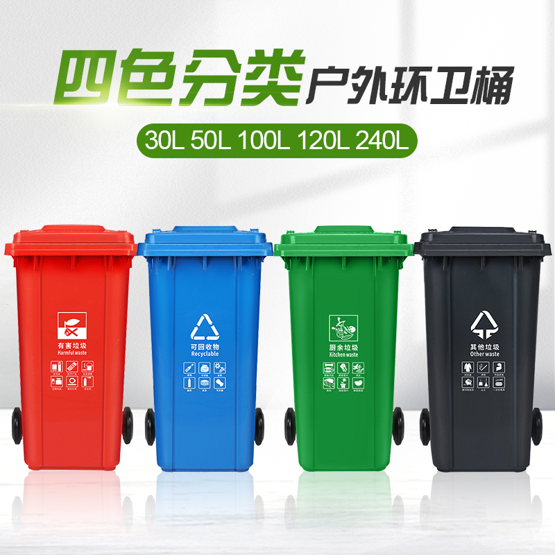 Four-Color Garbage Classification Trash Can, Commercial Large Size with Lid, Outdoor Large Capacity Pedal-Operated Sanitation Bin for Residential Areas and Schools
