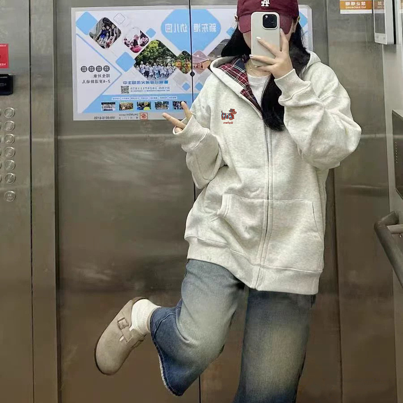 American Retro Plaid Patchwork Hooded Cardigan Sweatshirt for Women 2026 New Popular Spring and Autumn Lazy Style Jacket Top