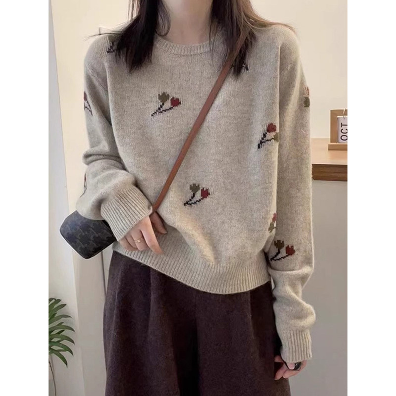Fashionable Printed Knit Sweater, Round Neck, Loose Fit, Versatile Top, Casual Youthful Sweater, 2026 Winter Trend, Long Sleeve Women's
