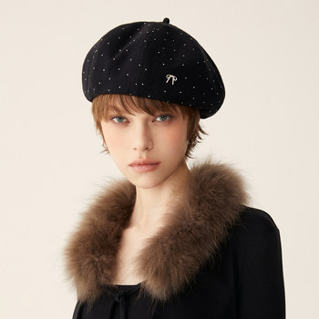 Beret with Rhinestone Bow ins Korean Style Autumn and Winter Atmospheric Painter Hat Large Size Face-Slimming Pumpkin Hat for Women