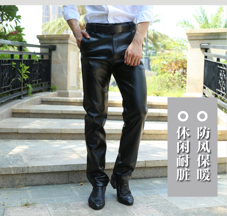 Mùa thu và mùa đông nam trung niên quần da ấm áp cộng với nhung dày cao eo cao kích thước giản dị không thấm nước quần da gió quần bò nam