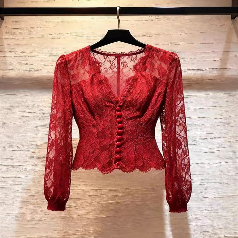 The Store Has Withdrawn the New Year and Christmas Collection of Stunning Red Lace Tops, Winter Light Luxury High-End Waist-Cinching Inner Shirts The Store Has Withdrawn the New Year and Christmas Collection of Stunning Red Lace Tops, Winter Light Luxury High-End Waist-Cinching Inner Shirts