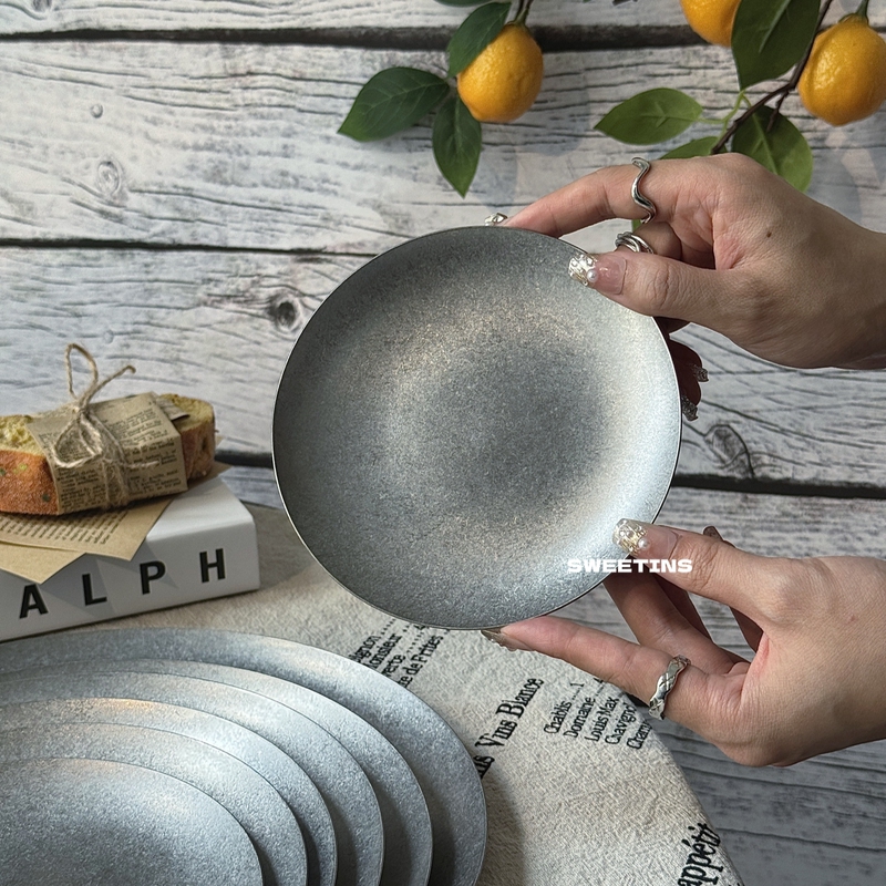 Retro Dessert Cake Tray 304 Stainless Steel Plate Flat Plate Western Food Plate Steak Plate Commercial Round Plate Barbecue
