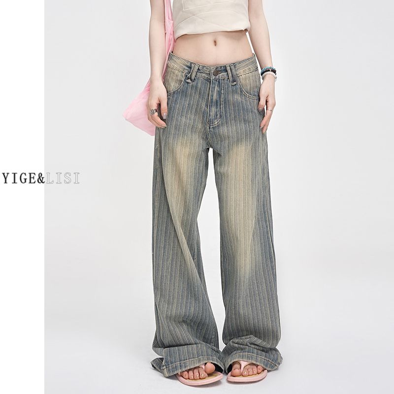 American Retro Distressed Low-Waist Striped Jeans for Women 2026 Spring New Slim Straight Wide-Leg Floor-Length Pants American Retro Distressed Low-Waist Striped Jeans for Women 2026 Spring New Slim Straight Wide-Leg Floor-Length Pants