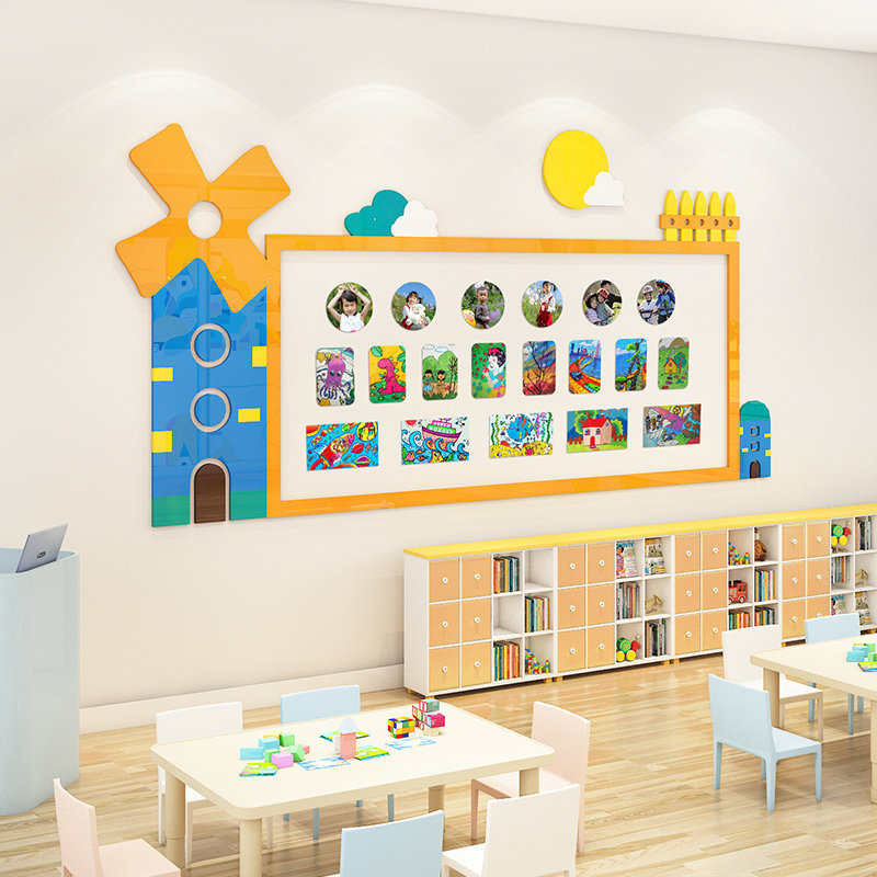 Kindergarten works style display bulletin board home contact bar decoration classroom corridor ring create cultural wall stickers
