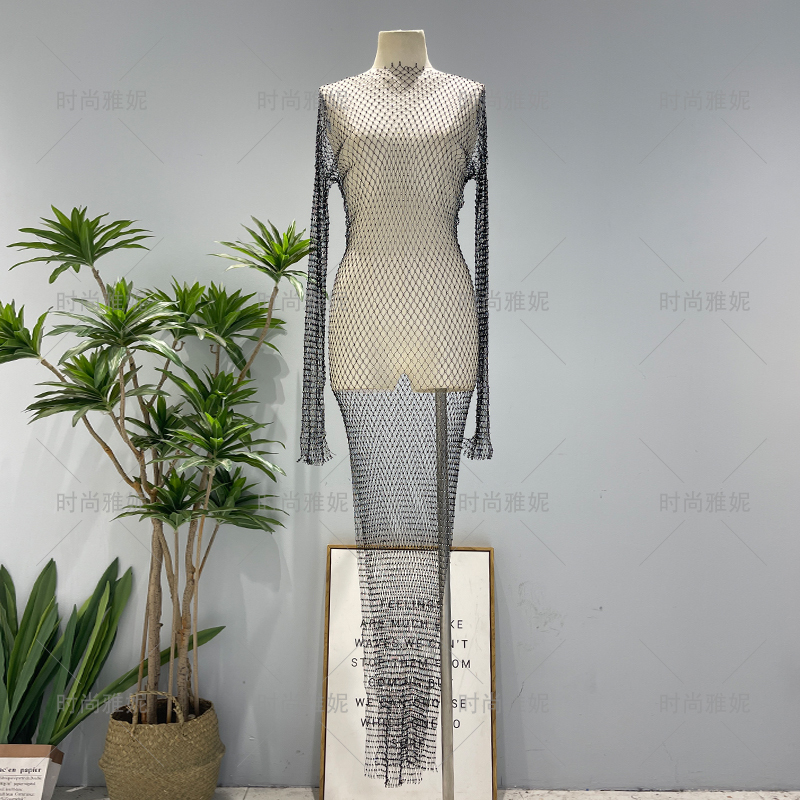 Fashionable Yanni Heavy-Duty Rhinestone-Embellished Blouse, Fishnet Off-Shoulder Long Dress, Hollow-Out See-Through Nightclub Beach Vacation Dress