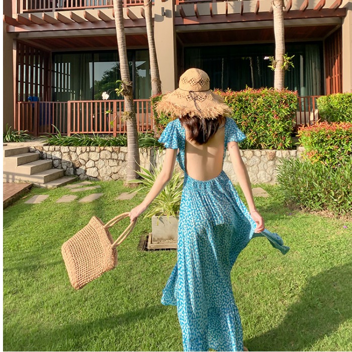 2022 Xia Sanya seaside holiday long skirt beach skirt super fairy blue backless polka dot fishtail skirt long skirt female