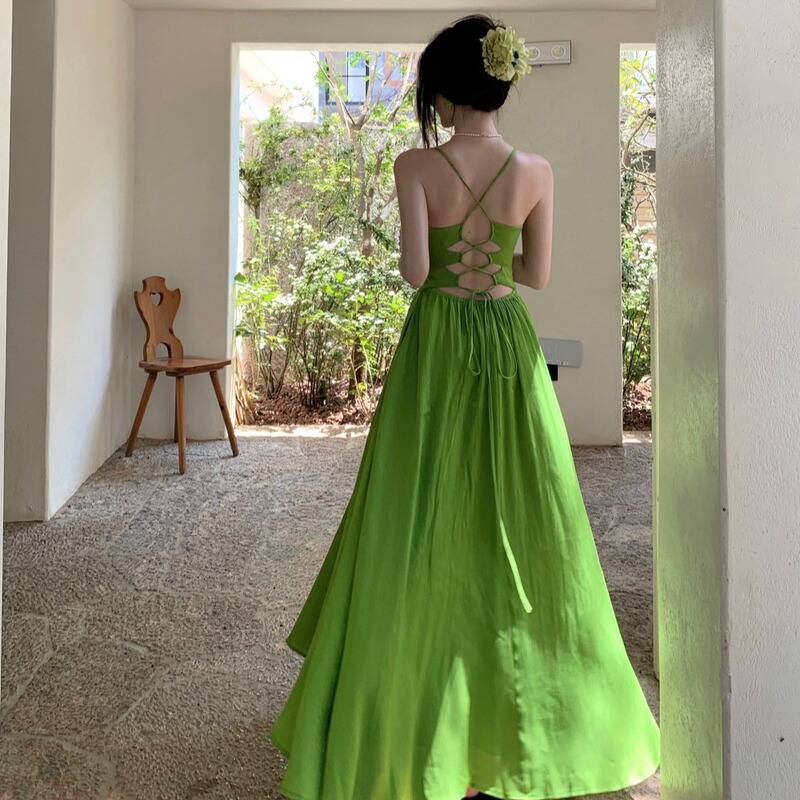 Sanya Seaside Vacation Dress, Green, Flattering, French-Style, Backless, Tie-Up, Spaghetti Strap, Long Dress, Waist-Cinching, Flared Beach Dress
