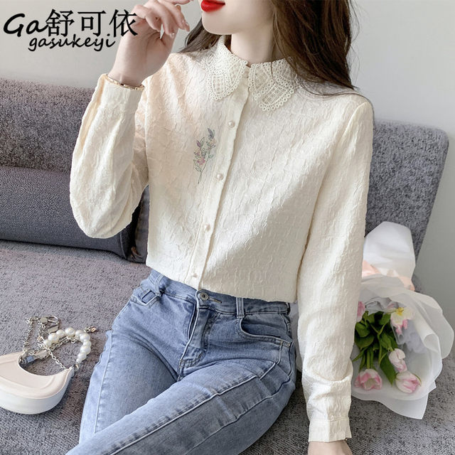 Spring 2023 new women's embroidered small fresh jacquard chiffon shirt long-sleeved thin section foreign style early spring top