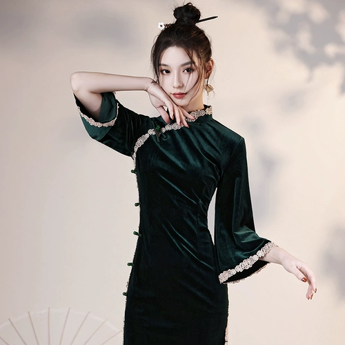 Демисезонное ципао, элитный черный бархатный лонгслив, платье, коллекция 2023