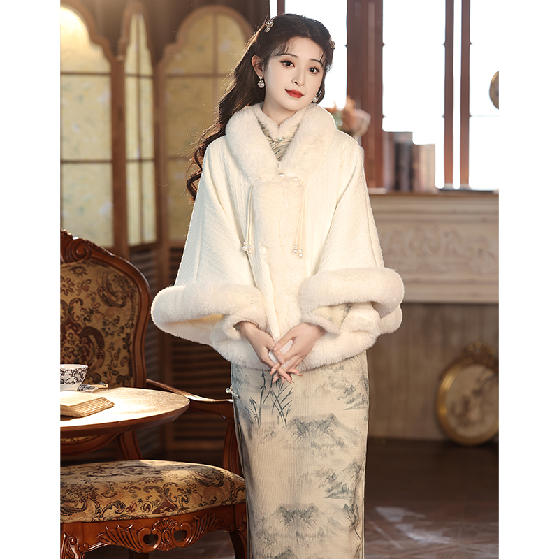 White Shawl Matching Qipao New 2023 Autumn Winter Plus Suede Thickening Noble New Chinese Takeaway Cardiopausal-Taobao