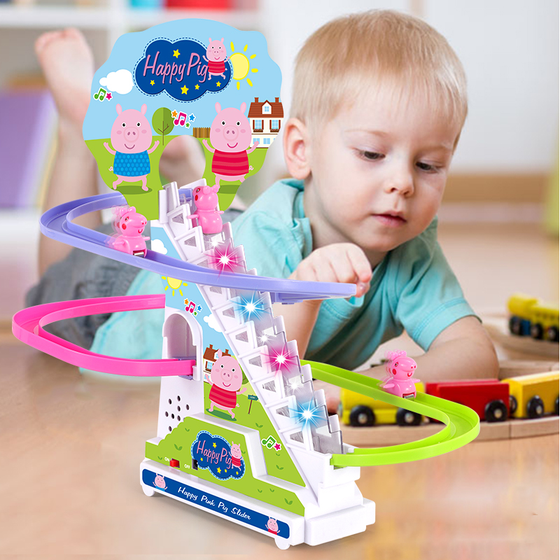 Little Bai Pig Electric Rail Car Slide Baby assembled Little Pig Peggy Climb Up Stairs Music Lighting Toys