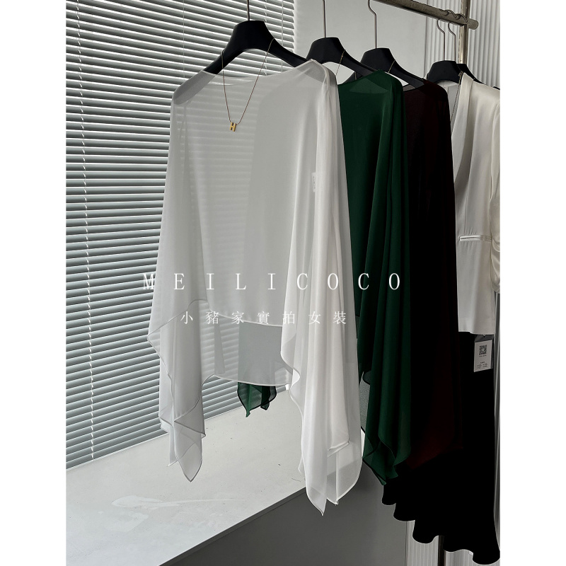 Lightweight, See-Through, Irregular Chiffon Cape, Loose and Versatile, Sun-Protective Cover-Up, Thin, Elegant Top for Women with a High-End Feel Lightweight, See-Through, Irregular Chiffon Cape, Loose and Versatile, Sun-Protective Cover-Up, Thin, Elegant Top for Women with a High-End Feel