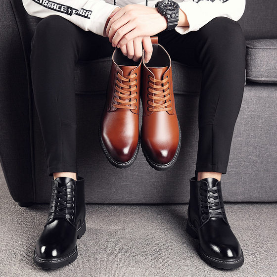 Winter leather shoes men's high-top genuine leather British style Martin boots business casual short boots Korean style velvet warm men's boots