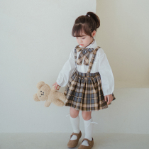 Girls autumn women Baby foreign style jk set childrens college style shirt pleated skirt baby knitted vest