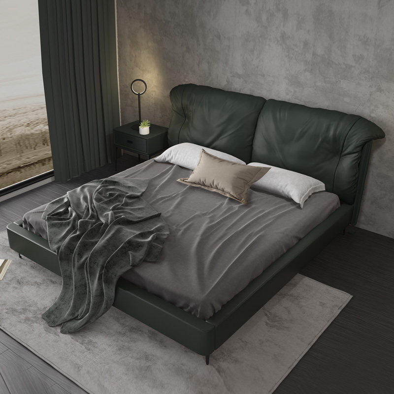 Italian leather bed Dark green modern simple master bedroom 1 8 meters Nordic double head layer cowhide bed 1 5 meters high feet