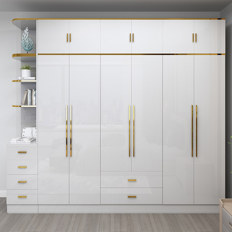 Light luxury wardrobe plus top cabinet simple modern economy plate type white combination sideboard wooden six or five doors large wardrobe