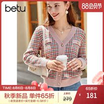 New product]Baitu 2021 autumn new long-sleeved knitted cardigan womens thin pink plaid sweater jacket