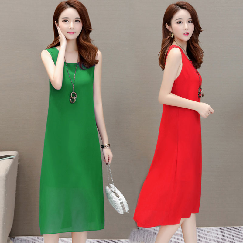 Mother dress Summer new Korean version Body Snow Spinning Sleeveless Dress Woman Pure color Big size Slim Fit Mid Dress