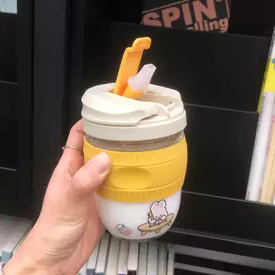 Anti-fall glass coffee cup double drinking straw with cup juice Cup heat insulation portable net red Pregnant Women's Cup