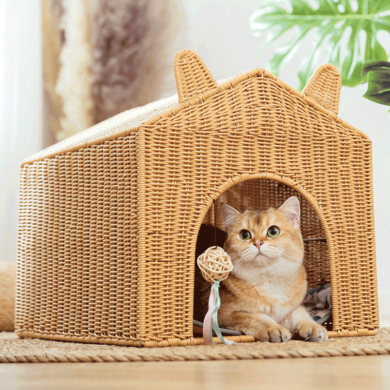 Rattan Cat House All Season Universal House Type Cat House Summer Cool Cog Mini Dog Summer Dog Bed Breathable Washable Water