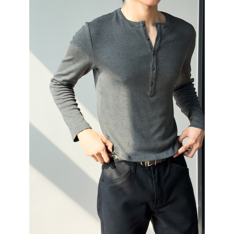 Bikamade Ribbed Henry Collar Long-Sleeve Slim Fit Comfortable Soft Texture/Long-Sleeve Top