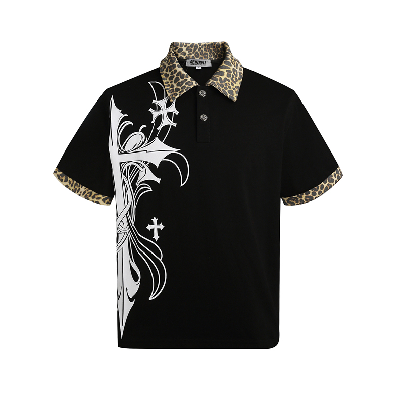 Gxfortune Light Y2K Punk Cross Print Patchwork Leopard Print Lapel Loose Polo Shirt Short-Sleeved T-Shirt