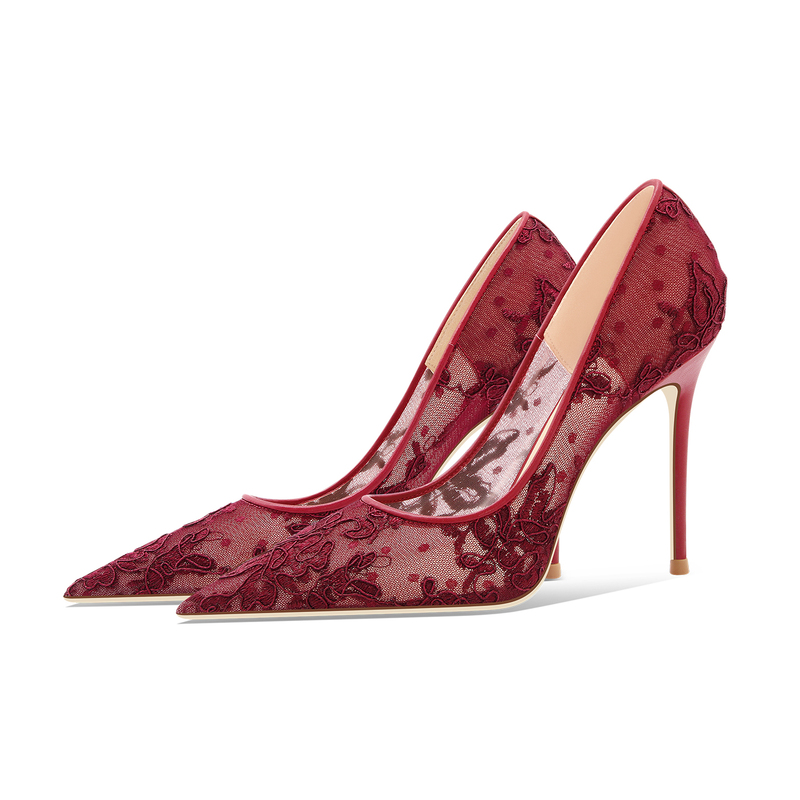 Burgundy Lace High Heels Women's Stiletto Heels 2025 New Pointed Toe with Xiuhe Wedding Shoes Chinese Sequin Engagement Shoes