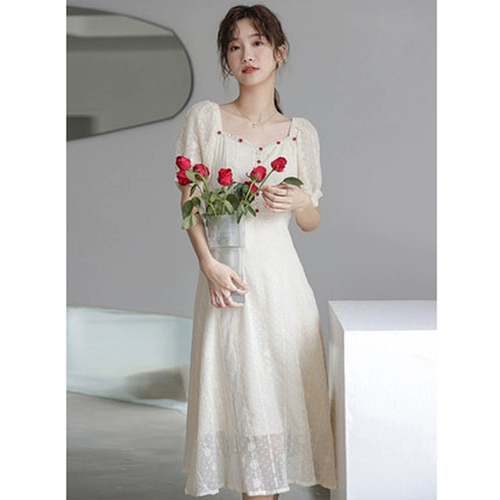 Летнее платье, длинная юбка, коллекция 2022, подходит для подростков, французский стиль, в корейском стиле, квадратный вырез