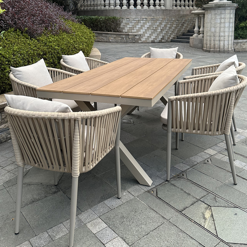 Outdoor Table and Chair Set for Courtyard Villa Garden Terrace, Rattan Chair Combination for Open-Air Leisure, Made of Rattan Weaving, Aluminum Alloy, and Plastic Wood Table
