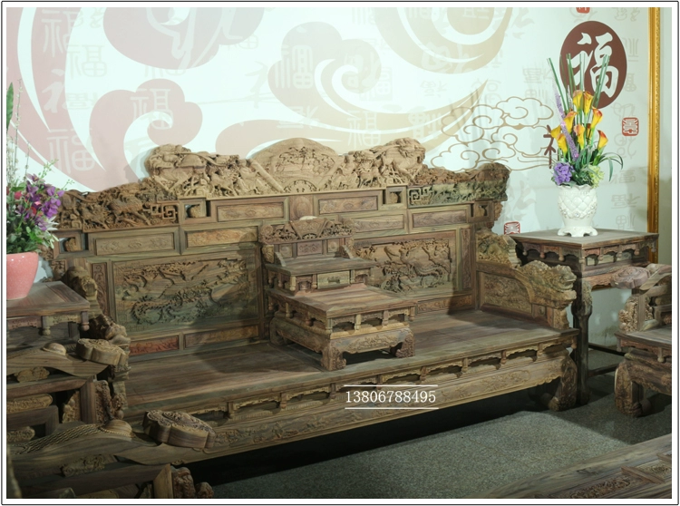 Dongyang mahogany sofa nội thất Indonesia gỗ hồng sắc phòng khách vẽ tay sâu chạm khắc lớn sofa rộng rãi Dalbergia tất cả các vật liệu cũ - Bộ đồ nội thất giường gấp