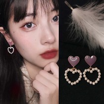 2020 New Tide Korea love pearl earrings pink temperament Net red ear clip cute Japanese girl soft girl tide