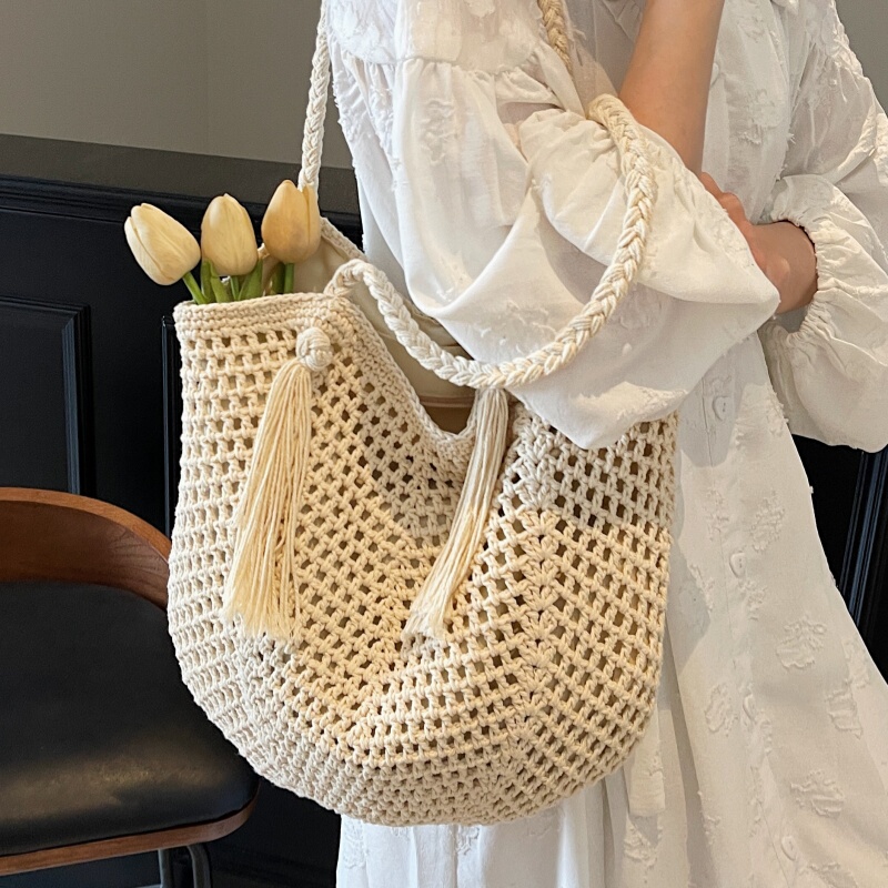 2025 New Style Hollow-Out Beach Travel Straw Woven Bag Women's 2025 New Style Large-Capacity Tote Bag