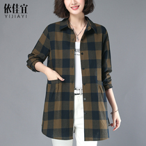 Thin Plaid womens shirt retro spring and autumn mother dress middle-aged womens shirt Womens Spring top polo shirt