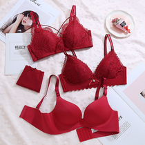 The year of the big red wedding rat bra set sexy lace underwear women without steel ring small chest gathering bra