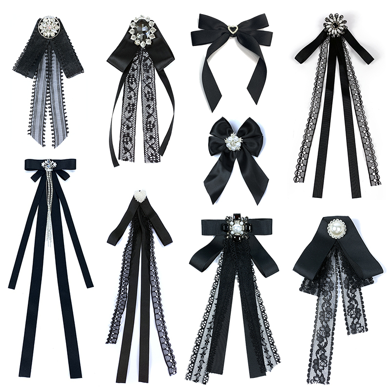 Black Lace Bow Tie Lolita Princess Style Ribbon Bow Tie Flower Brooch Pin Paired with White Shirt Bow Tie