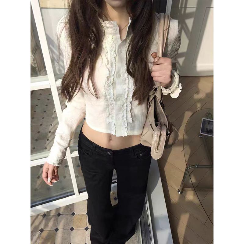 French-Style Spicy Girl Lace Patchwork Long-Sleeve Women's New Slim-Fit Ruched Textured Cardigan High-End Short Top