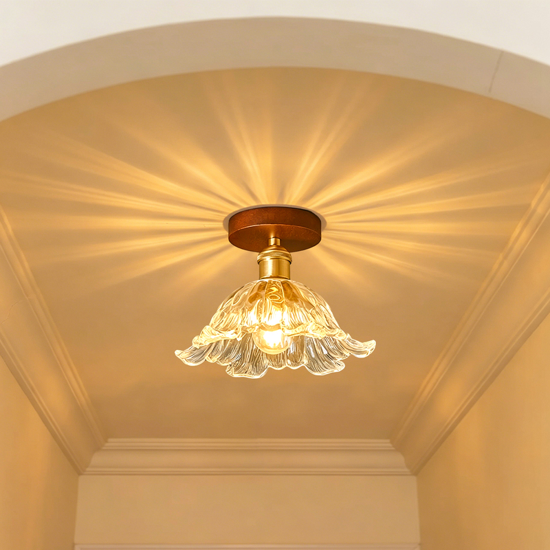 French Mid-Century Style Ceiling Light with Petal-Shaped Crystal Glass Led, High-End Creative Foyer Balcony Corridor Light