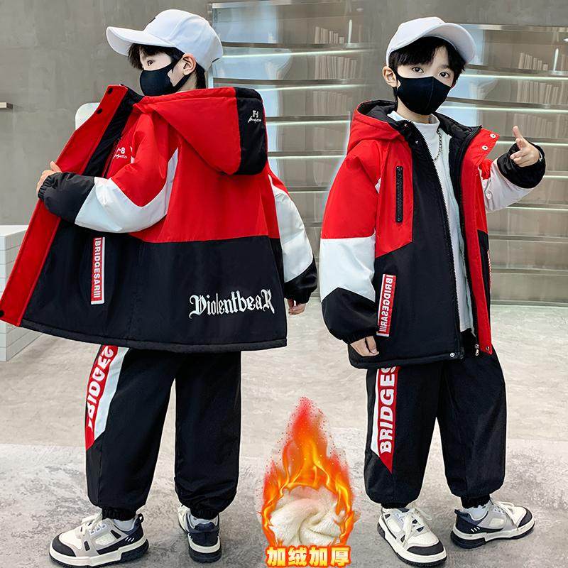 Бархатный костюм для мальчиков плюс, осенне-зимняя спортивная одежда, новинка 2025 года, большой мальчик, красивый жареный уличный мальчик, весенний, осенне-зимний тренд из двух предметов