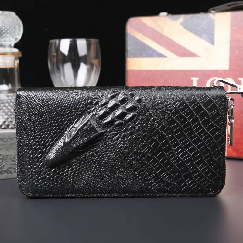 Crocodile grain leather long version wallet fashion single pull bag large capacity zipper wallet soft leather men's small handbag tide