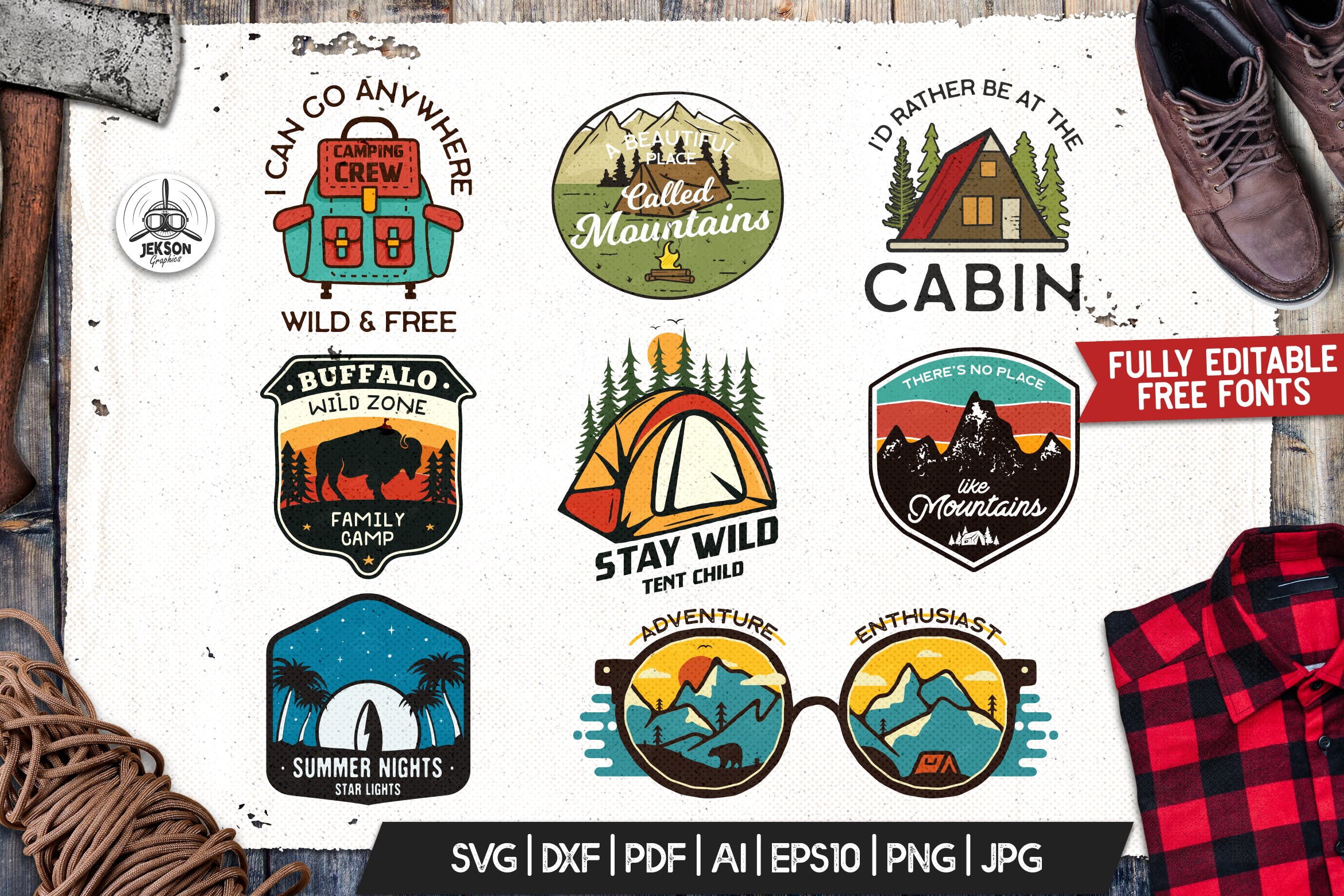 野营冒险/户外运动/旅游品牌Logo设计模板 Camping Adventure Badges, Retro Travel Logos Set