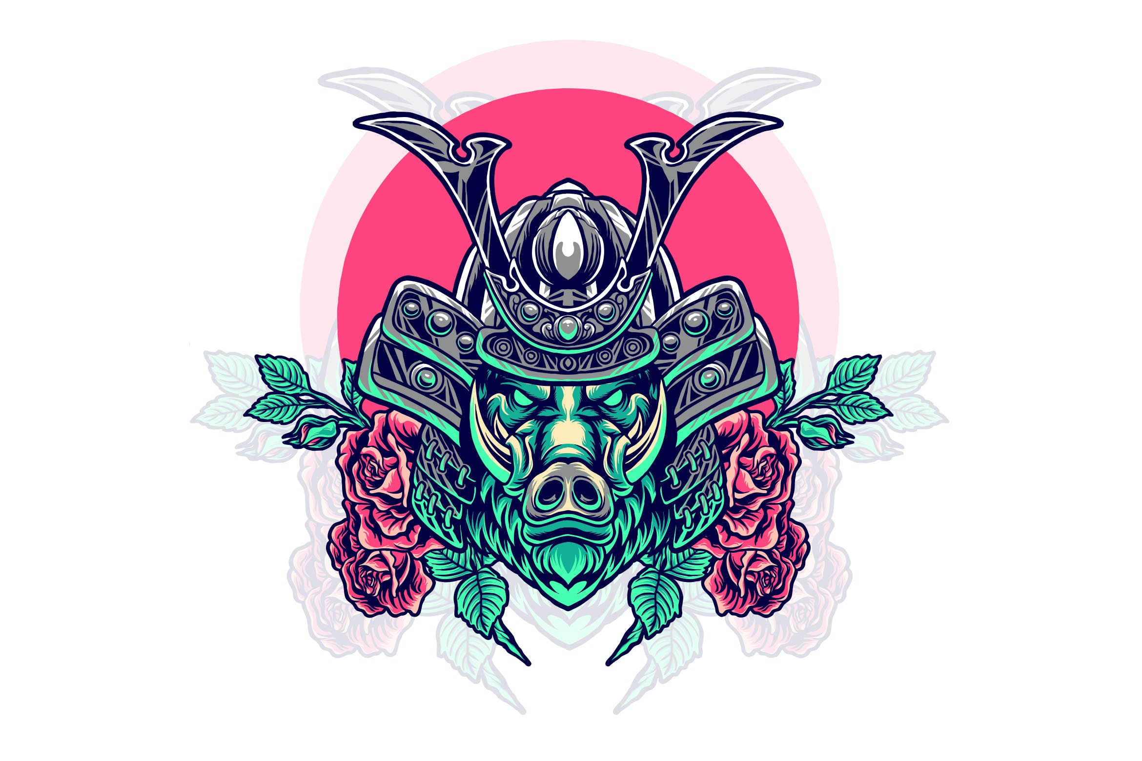 玫瑰野猪武士动物头部插画 boar samurai with rose illustration