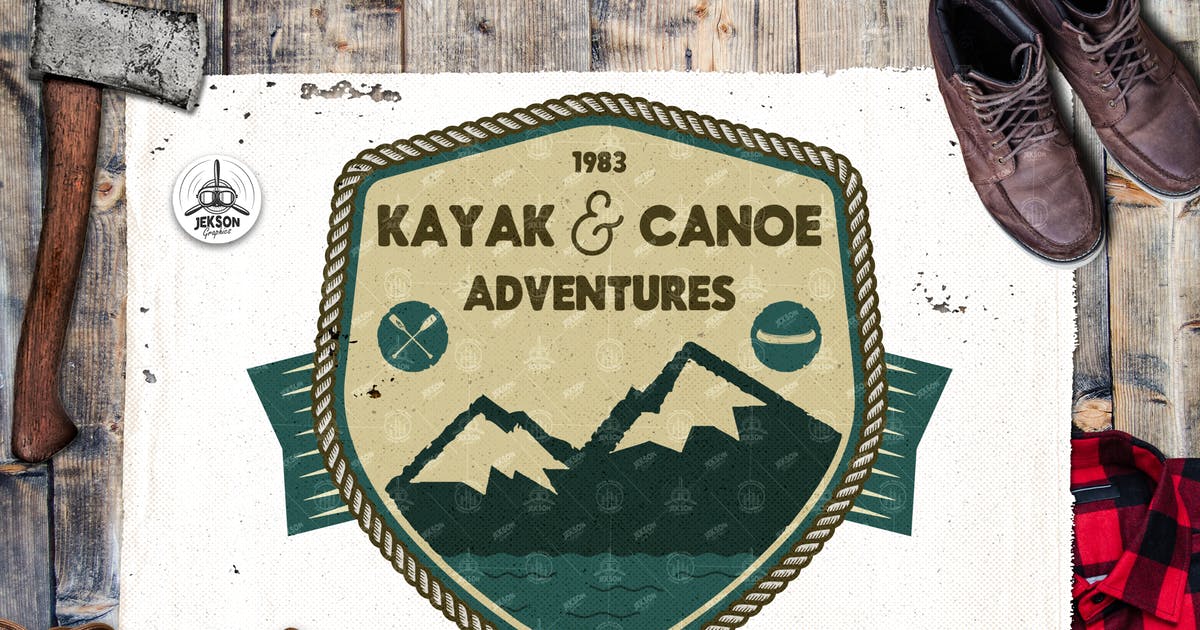 复古矢量背包客标志/营地徽章Logo模板 Canoe Mountain Logo / Vintage Camp Badge Patch